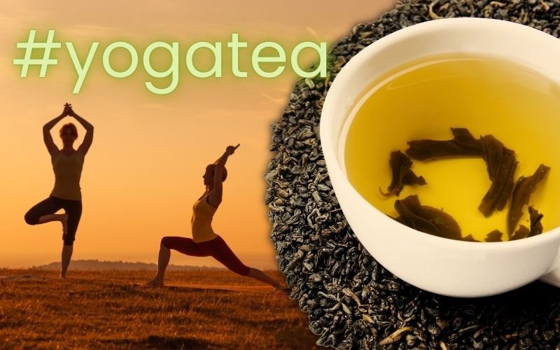 Ul tè fa bene anche per lo yoga, nell'immagine una tazza di tè in primo piano e sullo sfondo posizioni yoga